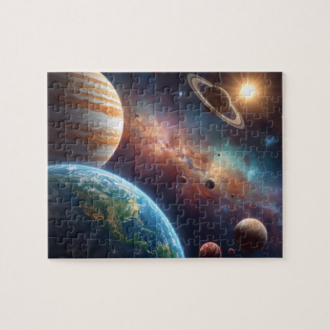Quebra-cabeça Planetas Nebulosa Espaço Profundo Júpiter Terra (Horizontal)
