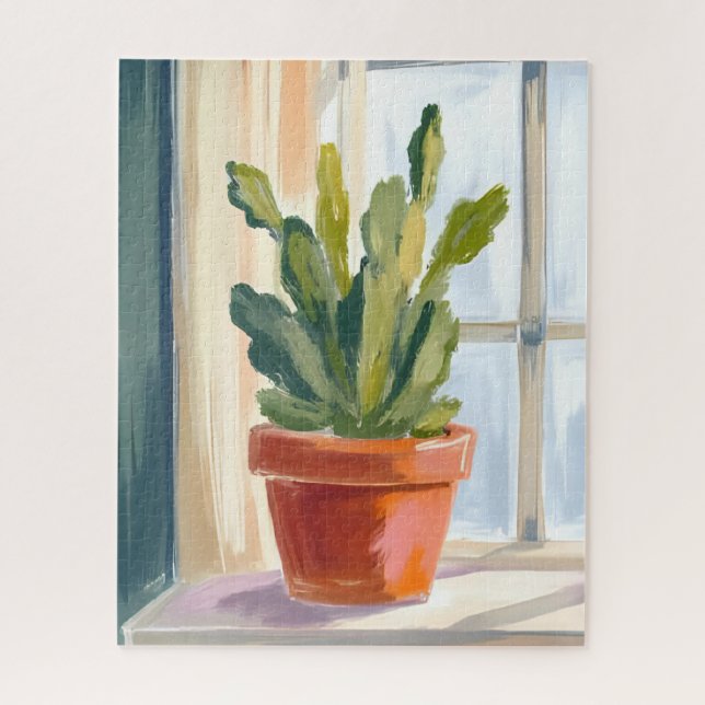 Quebra-cabeça Planta de Cacto | Aquarela Botânica Verde (Vertical)
