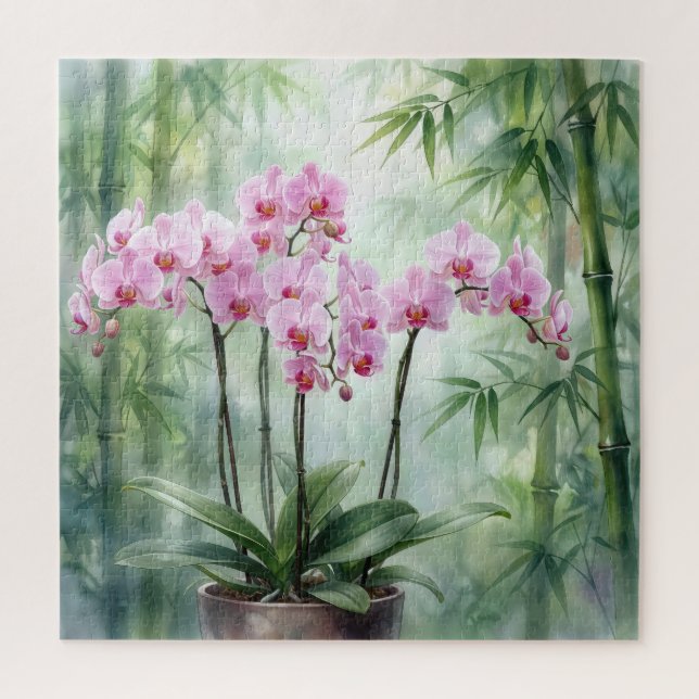 Quebra-cabeça Planta de Orquídea Rosa em Fundo de Bambu (Vertical)