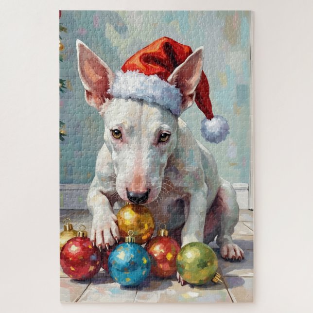 Quebra-cabeça Playful Bull Terrier Dog Guarding Christmas (Vertical)