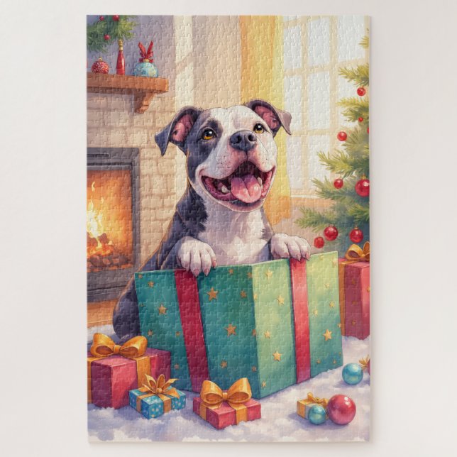 Quebra-cabeça Playful Pitbull Opening Christmas Gifts Holiday (Vertical)
