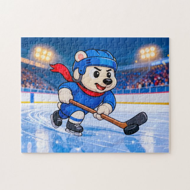 Quebra-cabeça Polar Bear Playing Ice Hockey on a Frozen Rink (Horizontal)