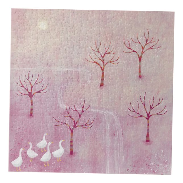 Quebra-cabeça Pomar rosa com pintura paisagística em gansos (Modern geese orchard landscape painting art jigsaw puzzle)