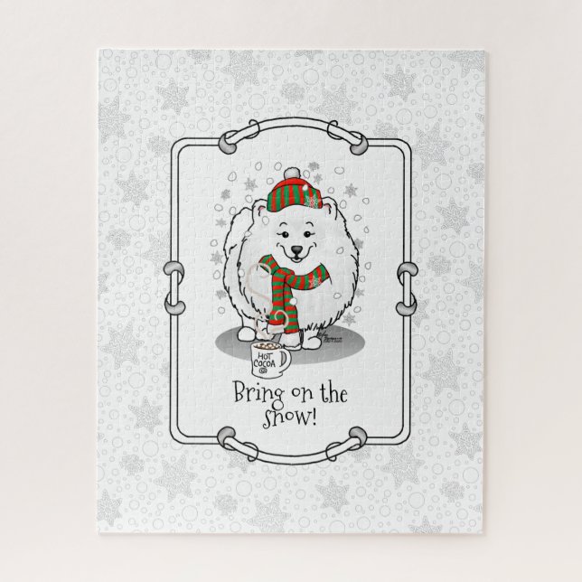 Quebra-cabeça Pomerânia de Natal (branca) Cachorro - Neve (Vertical)