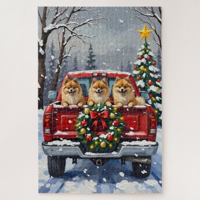 Quebra-cabeça Pomeranian Christmas Red Truck Holiday Gift (Vertical)
