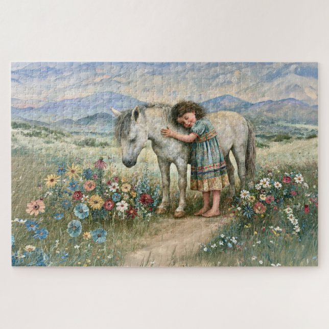Quebra-cabeça Pônei Menina Flores Silvestres Montanhas Prado (Horizontal)