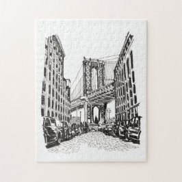 Quebra-cabeça Ponte Brooklyn - Ilustração Branca Negra de Nova I