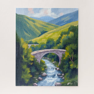 Quebra-cabeça Ponte do Rio da Montanha Paisagem Aquarela Verde
