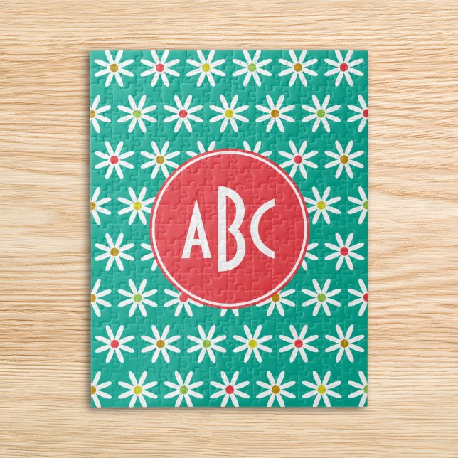Quebra-cabeça Pontos de Margarida Teal Monogramados (Monogrammed Teal Daisy Dots Jigsaw Puzzle)