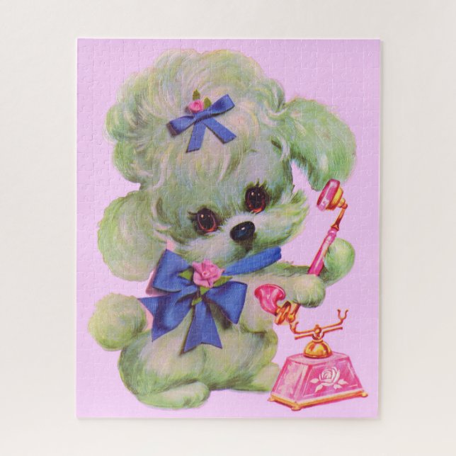 Quebra-cabeça poodle fofo com telefone rosa (Vertical)