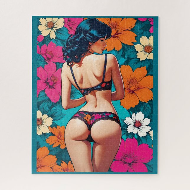 Quebra-cabeça Pop Art Cheeky Girl in Floral Lingerie Teal (Vertical)