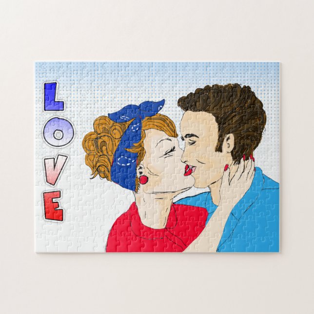 Quebra-cabeça Pop Art Retro Casal Beijando Nostalgia Romântica (Horizontal)