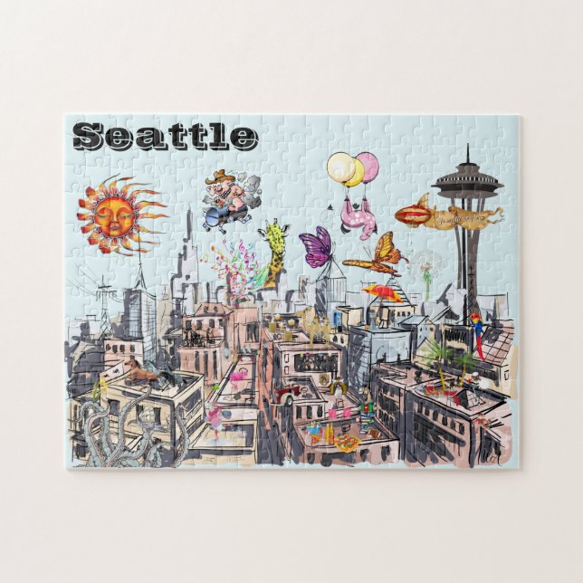 Quebra-cabeça Pop surreal Art Busy City de Seattle (Horizontal)