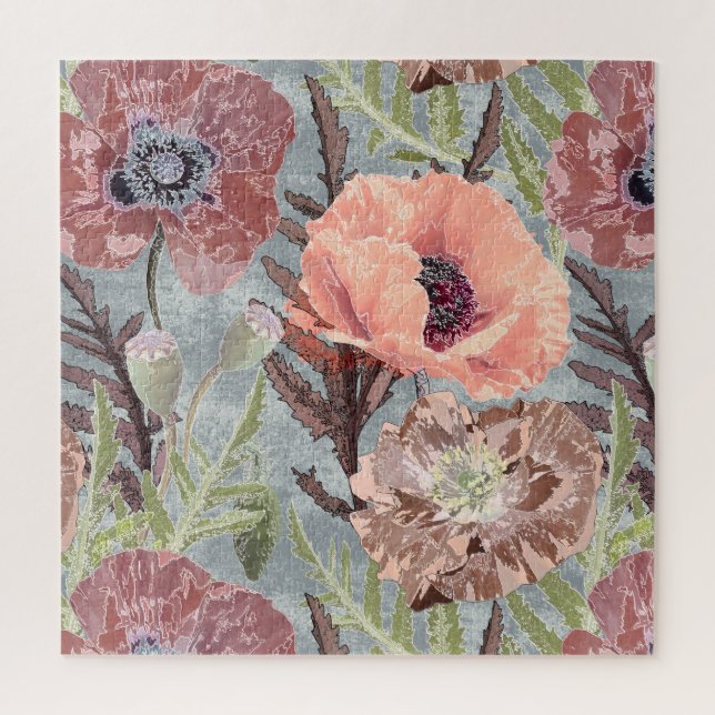 Quebra-cabeça Poppies cor-de-rosa cinza floral de vintagem estil (Vertical)