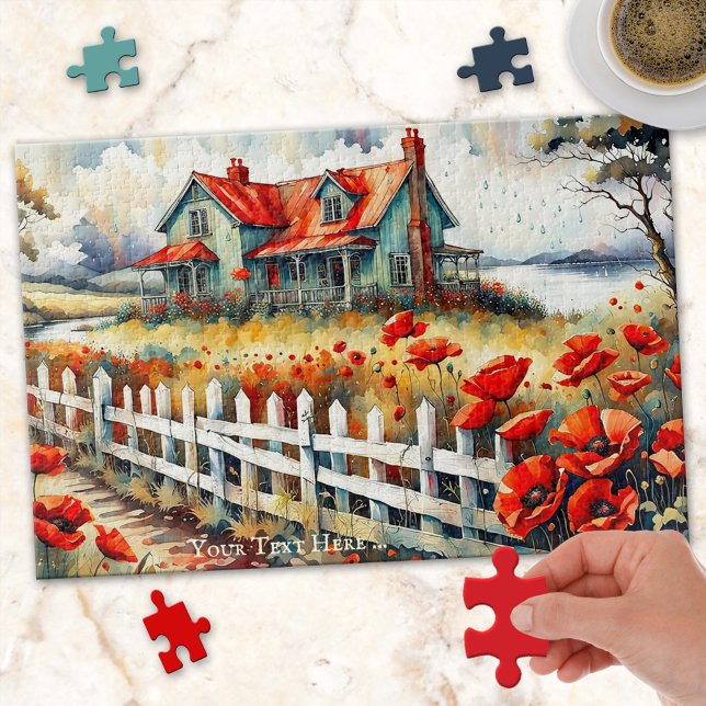 Quebra-cabeça Poppies vermelhos Fazenda do lado do campo Quebra- (Puzzle featuring a fine art painting of a country scene with farm house and red poppy flowers.)