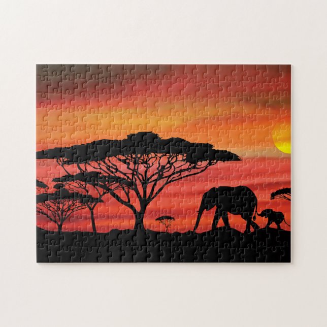 Quebra-cabeça Pôr do Sol Africano Elefante (Horizontal)