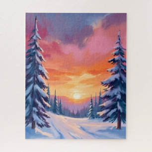 Quebra-cabeça Pôr do Sol de Neve de Inverno Pintura em Aquarel