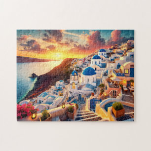 Quebra-cabeça Pôr do Sol em Santorini Grécia Fuga Mediterrânea P