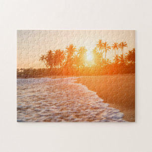 Quebra-cabeça Por do sol na praia com palmas de coco Sri Lanka