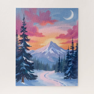 Quebra-cabeça Pôr do Sol no Cume Nevado Pintura de Paisagem de