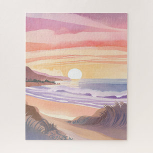 Quebra-cabeça Pôr do Sol no Mar Corado Pintura em Aquarela de