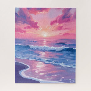 Quebra-cabeça Pôr do Sol Oceano Rosa Ondas Aquarela
