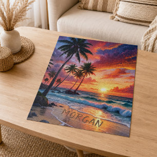 Quebra-cabeça Pôr do Sol Personalizado na Praia Tropical Arte