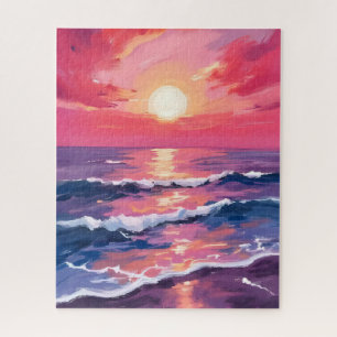 Quebra-cabeça Pôr do sol rosa ondas do oceano roxo aquarela