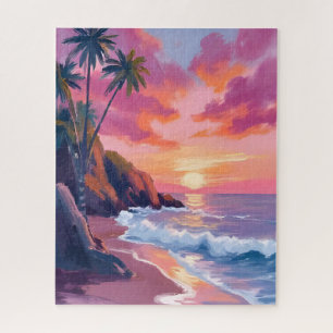 Quebra-cabeça Pôr do Sol Rosa Tropical Oceano Aquarela