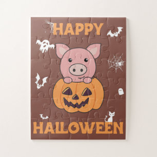 Quebra-cabeça Porco Em Pumpkin Suínos Doentes Feliz Halloween Ji