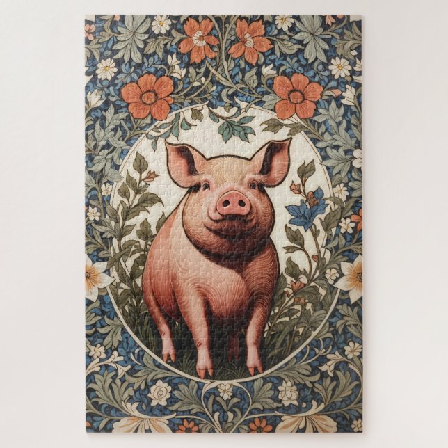 Quebra-cabeça Porco Fofo Inspirado em William Morris (Vertical)