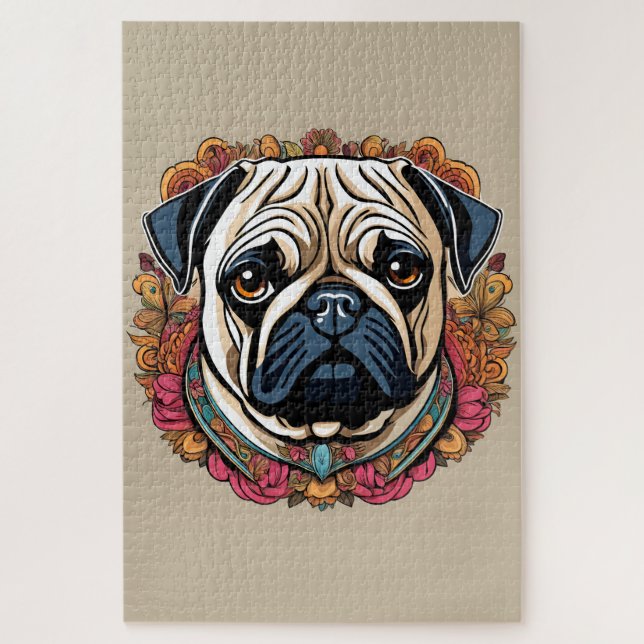 Quebra-cabeça Portrait fleuri d'un carlin (Vertical)