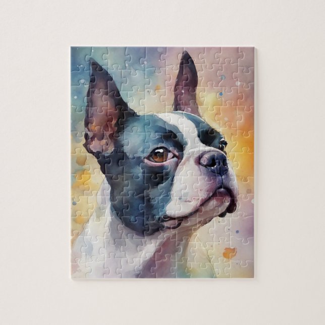 Quebra-cabeça Portrato Digital de Aquarela de Boston Terrier 173 (Vertical)