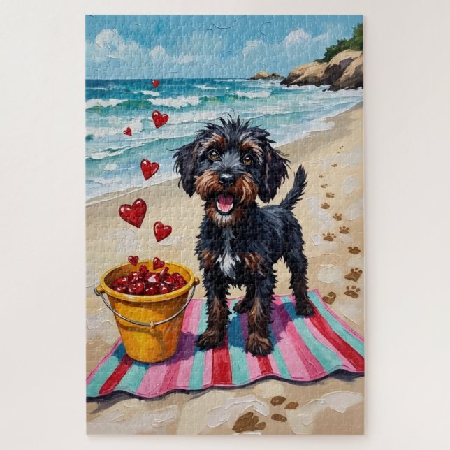 Quebra-cabeça Portuguese Water Dog Valentine's Day Beach Hearts (Vertical)