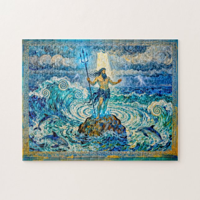 Quebra-cabeça Poseidon em Rochas do Mar com Tridente e Golfinhos (Horizontal)