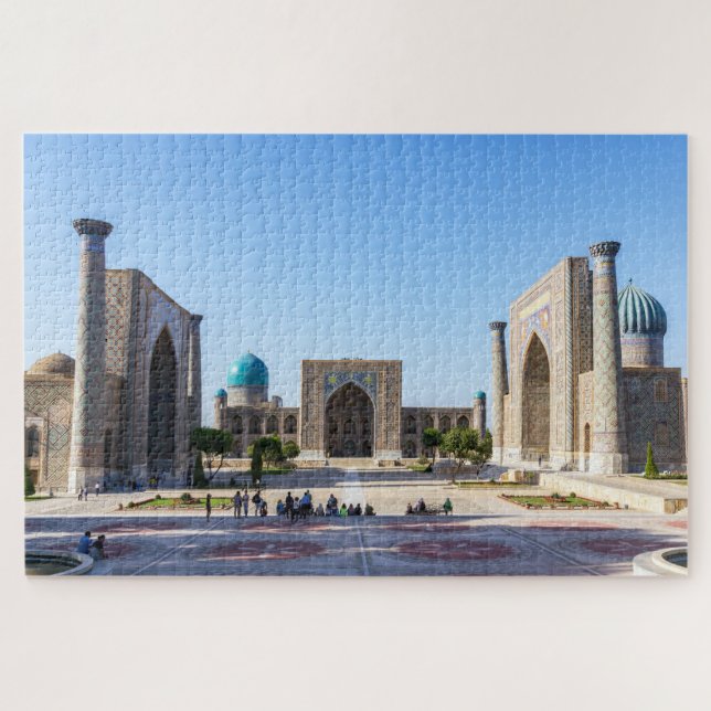 Quebra-cabeça Praça Registan ao pôr do sol - Samarkand, Uzbequis (Horizontal)