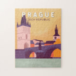 Quebra-cabeça Praga República Checa Viagem Art Vintage<br><div class="desc">Design de arte vetorial de Praga. Apelidada de "a Cidade de Cem Espires",  é conhecida pela sua Praça Velha da Cidade,  o coração do seu núcleo histórico,  com edifícios barrocos coloridos.</div>