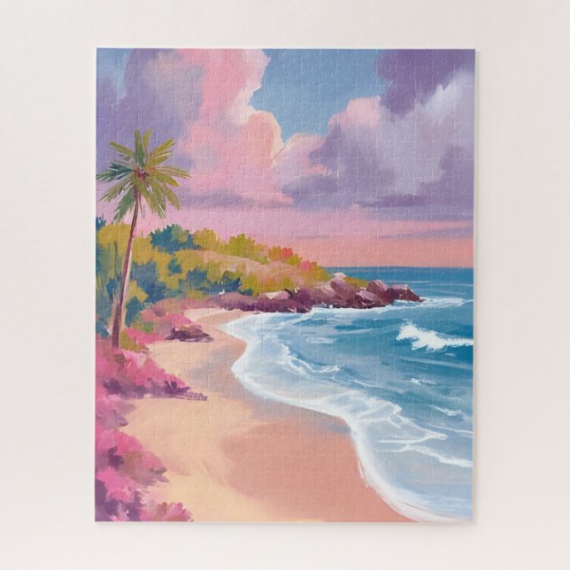 Quebra-cabeça Praia Corada | Pintura do Oceano Rosa (Vertical)