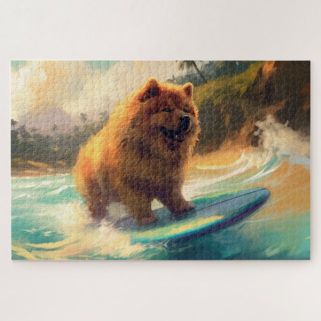 Quebra-cabeça Praia de Chow Chow Pintura de Surfe (Horizontal)