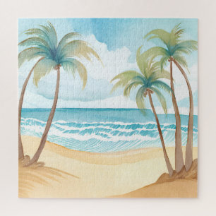 Quebra-cabeça Praia Havaiana   Árvore de Palmeira Aquarela Tropi