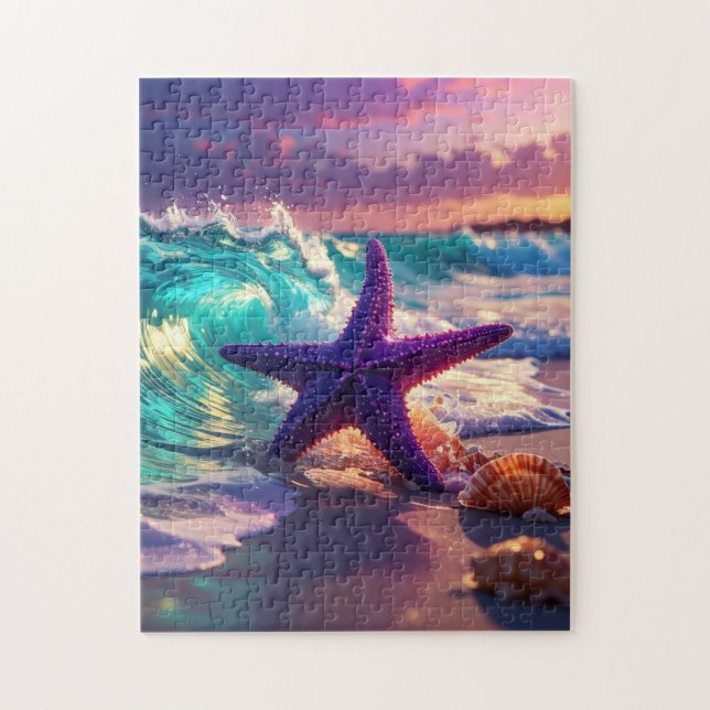 Quebra-cabeça Praia oceânica com estrelas-do-mar violetas (Vertical)