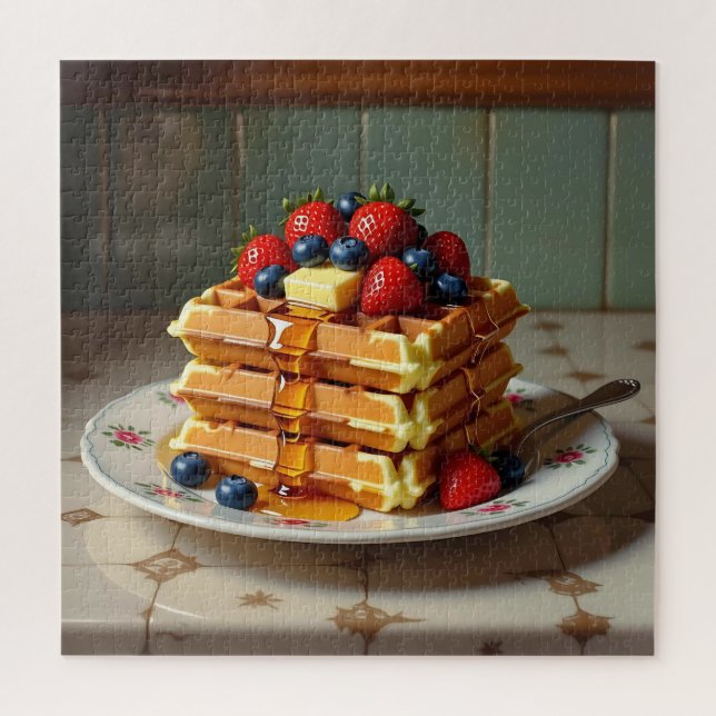 Quebra-cabeça Prato Antigo de Waffles com Morangos  (Vertical)