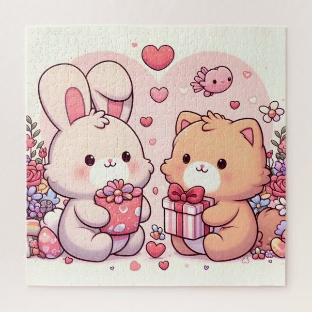 Quebra-cabeça Presente de Amor de Coelho Kawaii Fofo do Dia dos  (Vertical)