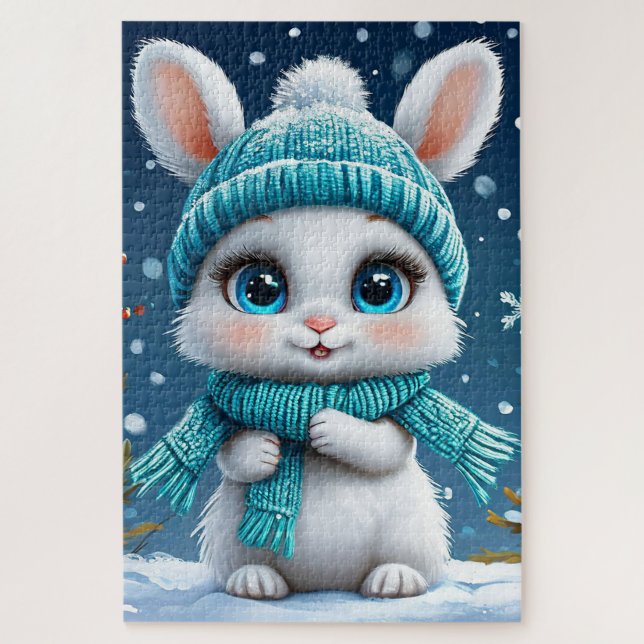 Quebra-cabeça ❄️ Presente de Coelho Branco de Inverno Fofo Para  (Vertical)
