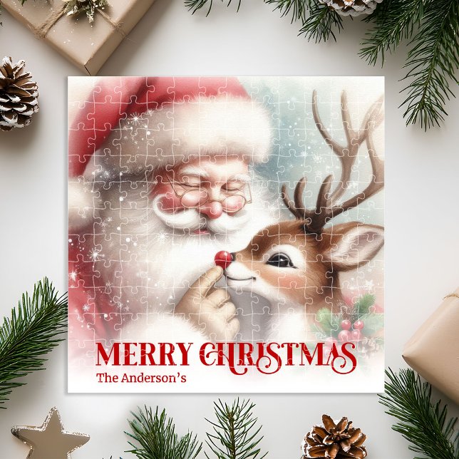 Quebra-cabeça Presente de Natal Personalizado para Crianças com  (Personalized Santa and Rudolph Kids Christmas Puzzle)