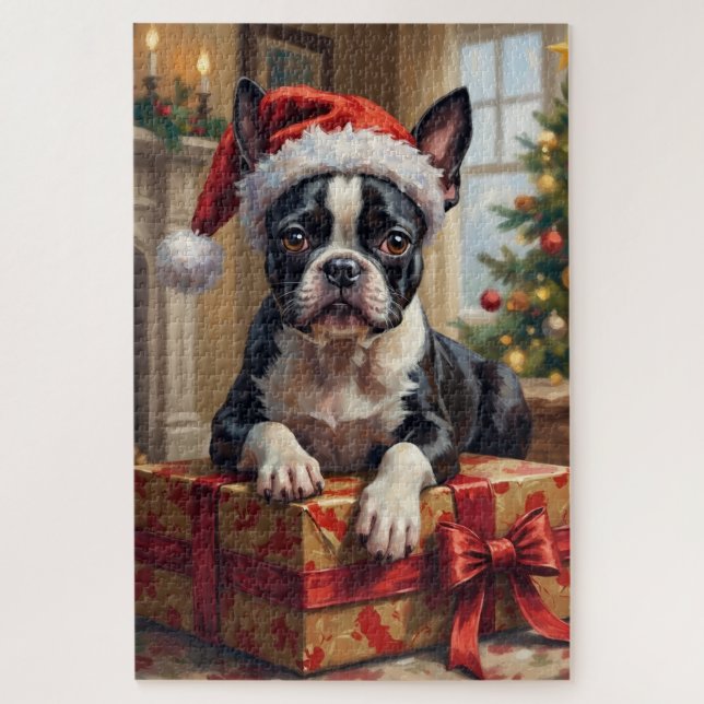Quebra-cabeça Presépio Cachorro Boston Terrier Natal Presente (Vertical)