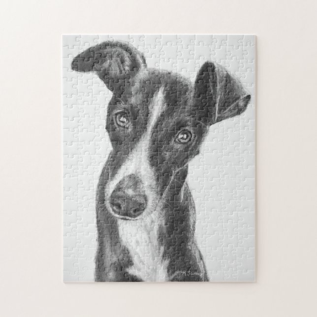 Quebra-cabeça Preto de Whippet com chama branca (Vertical)