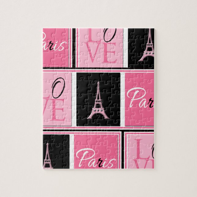 Quebra-cabeça Preto do rosa do amor da torre Eiffel de Paris (Vertical)