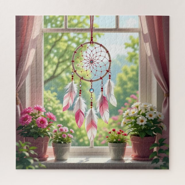 Quebra-cabeça Pretty Pink Dreamcatcher and Plants Window Sill (Vertical)