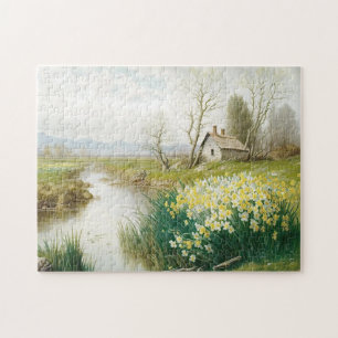 Quebra-cabeça Primavera Landscape House Stream Daffodil Flower